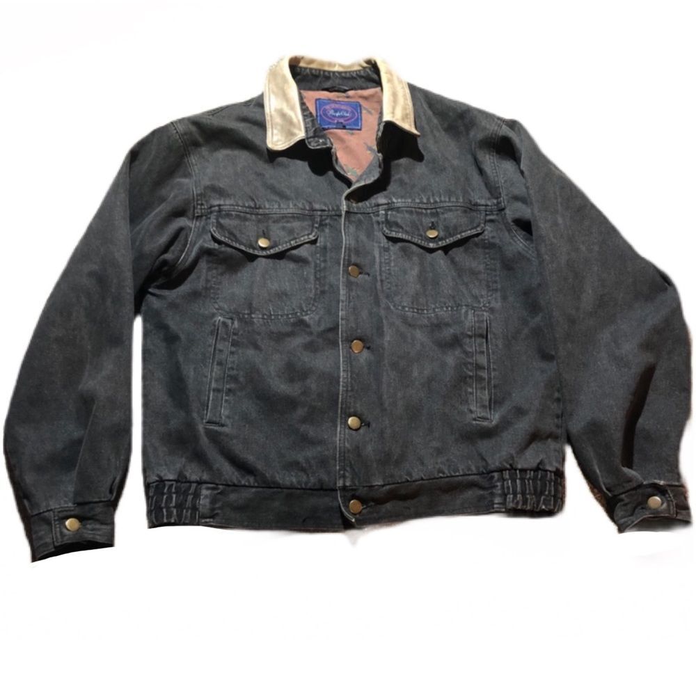 VINTAGE PACIFIC CLUB COTTON GENUINE LEATHER COLLAR BUTTON UP JACKET DUCK LINING